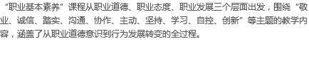 “职业基本素养”课程从职业道德、职业态度、职业发展三个层面出发，围绕“敬业、诚信、踏实、沟通、协作、主动、坚持、学习、自控、创新”等主题的教学内容，涵盖了从职业道德意识到行为发展转变的全过程。